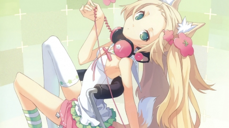 H2so4 - anime, skirt, animal ears, blonde hair, green eyes, headgones, chair, cute, h2so4