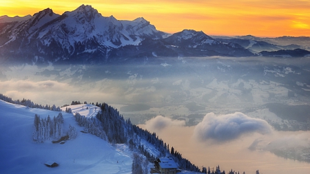 mountain lodge with a fantastic view - mountains, winter, clouds, sunset, lodge