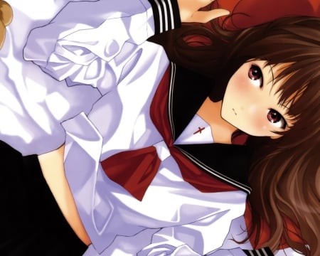 School Girl - brown eyes, girl, lie, brown hair, red eyes, anime, uniform, liying, blush, cute, manga, school girl