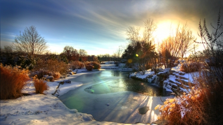 lovely pond in winter - pond, rocks, winter, bushes, sunset