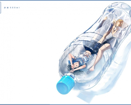 Sleeping in a Bottle of Wate!! - sleeping in a bottle of water, anime, water, bottle, wet, brown hair, unifrom, unifroms, blue hair, cute, sleeping