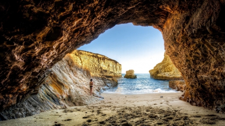 girl in a coastal grotto hdr - beach, girl, hdr, sea, rocks, grotto