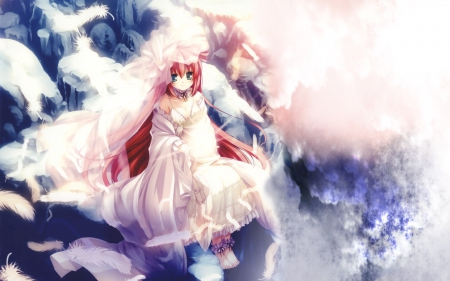 White Girl - feathers, angel, blue eyes, wings, white girl, red hair, power, anime, cute, dress