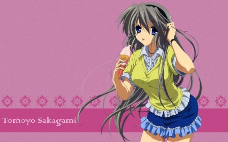 Tomoyo Sakagami - ice cream, skirt, shirt, clanned, tomoyo sakagami, cute, gray hair, blue eys