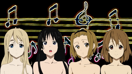 K-On - yui, k-on, music, black eyes, singers, notes, blue eyes, yellow eyes, pic time, blonde hair, brown hair, girls, ritsu, azusa, tsumugi, black hair, mio