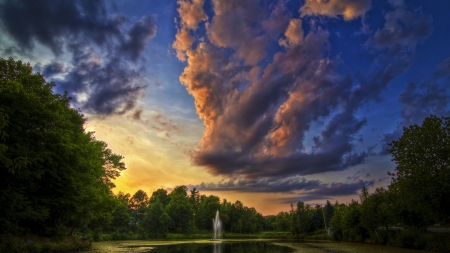 wonderful sunset sky over fountain in quebec - sky, forest, pond, clouds, sunset, fountain