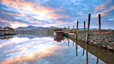 wooden boats in a beautiful still harbor - reflection, boats, clouds, harbor, docks