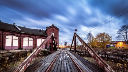 old railroad yard - beams, dusk, light, tracks, station