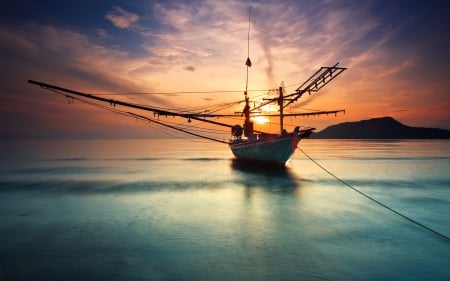 Boat at Sunset - water, sunset, coast, boat