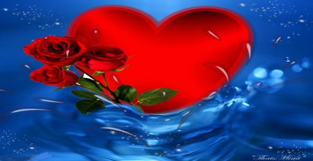 Dropping My Heart - roses, water, heart, abstact, blue