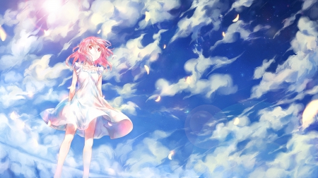 Under The Big Blue Sky - sky, pink hair, clouds, anime, girl, dress