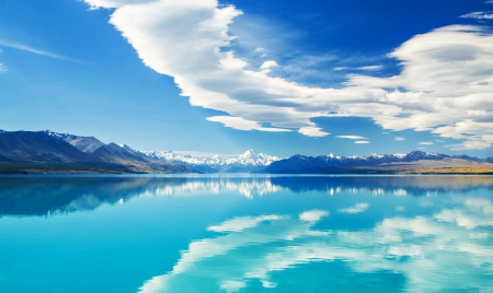 Lake Pukaki, New Zealand - turquoise, water, mountains, white, reflections, clouds, blue, snow, skies