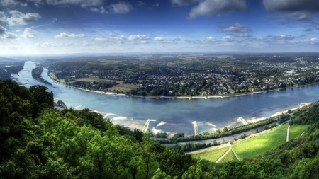 beautiful river town - hill, clouds, river, town, sand bars, forest