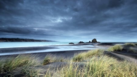 dunes on a beach under stormy skies - beach, dines, clouds, grass, sea, rocks