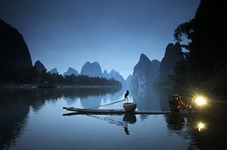 The Light - fisherman, blue, boat, lake, night, light