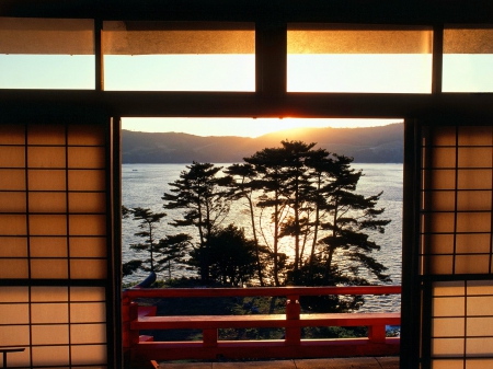 Kinkazan Island -Japan - lake, japan, view, island, tree, mountain, sunrise