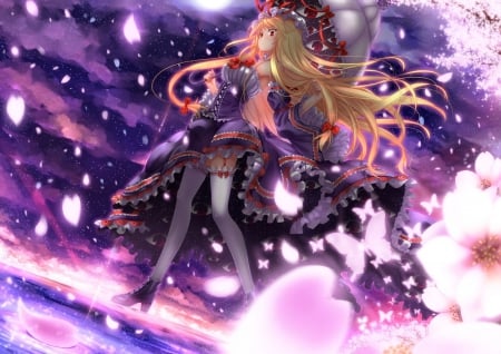 Touhou - moon, anime, sakura, artwork, walking, dress, eyes, blonde hair, night, flowers, umberalla, touhou, red eye, sky