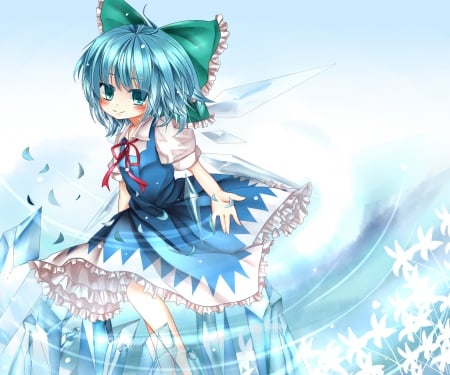 Cirno - pretty, anime, kawaii, female, wing, dress, short hair, touhou, blue hair, nice, anime girl, cirno, girl, lovely, sweet, wings, fairy, cute, adorable