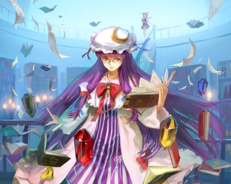 Patchouli Knowledge - magician, book, cute, hot, anime girl, girl, ribbon, magic, patchouli knowledge, touhou, pretty, sweet, anime, dress, purple hair, warrior, long hair, nice, lovely, sexy, female