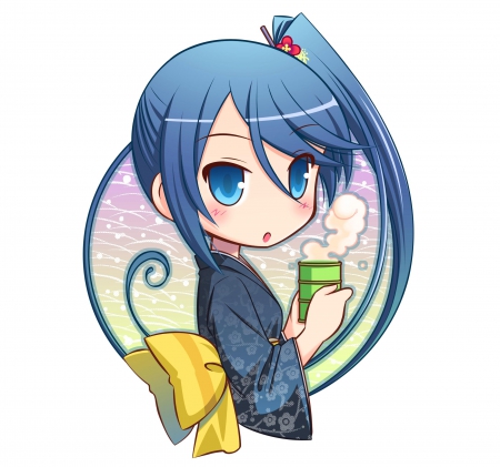 Chibi - cute, anime girl, adorable, girl, ribbon, blue hair, pretty, kawaii, sweet, anime, yukata, hd, long hair, nice, lovely, kimono, chibi, female, blue eyes