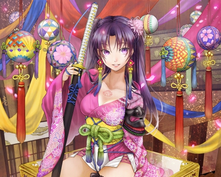 Warrior - beauty, nice, female, hot, anime girl, blade, pretty, katana, anime, sword, kimono, oriental, cute, ornaments, sexy, girl, warrior, long hair, lovely, beautiful, weapon, yukata, sweet