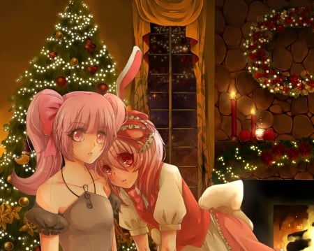 Christmas Night - cute, hot, anime girl, girl, christmas, christmas tree, light, dark, anime, night, dress, candle, holiday, long hair, merry christmas, sexy, female