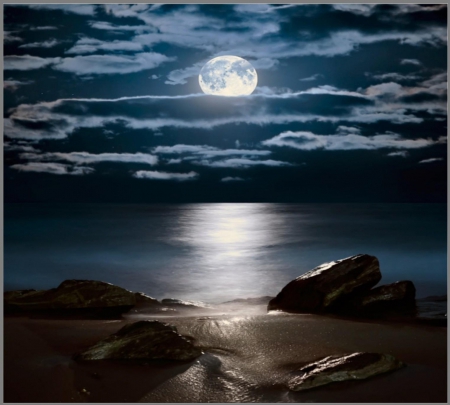 MOONRISE - moon, sky, ocean, beach, stars, clouds, night, rocks