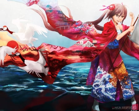 Six For Tea~Ganbare Nippon! - brown eyes, anime, birds, water, artwork, post, kimono, brown hair, yukata, fuiji, wallpaper