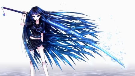 Blue Katana - female, creepy, hot, simple, anime girl, bubbles, blade, sinister, katana, anime, sword, cute, sexy, girl, long hair, blue hair, hd, blue, plain, weapon, serious, long