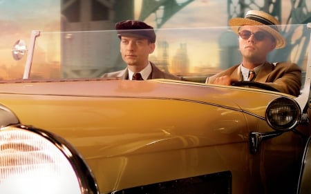 The Great Gatsby (2013) - movie, hat, the great gatsby, tobey maguire, car, yellow, vintage, man, actor, leonardo dicaprio, retro