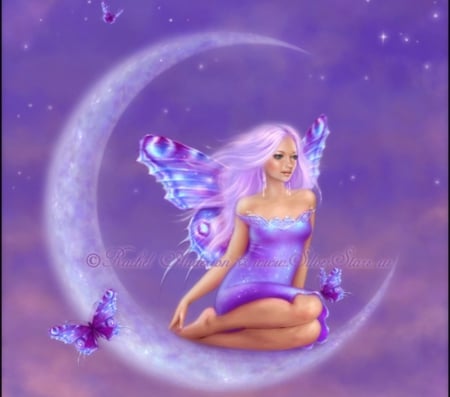 Lavender Crescent - girls, female, animals, hair, wings, fantasy, purple, pretty, cool, digital art, angels, fairies, paintings, cute, lavender, butterflies, moon, lovely, charm, weird things people wear, beautiful, crescent, sweet, colors, drawings, dress