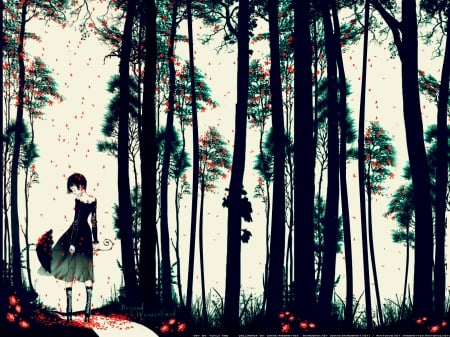 Forest - trees, anime, female, girl, red and green, forest, solo, manga, umbrella, nature, loneliness