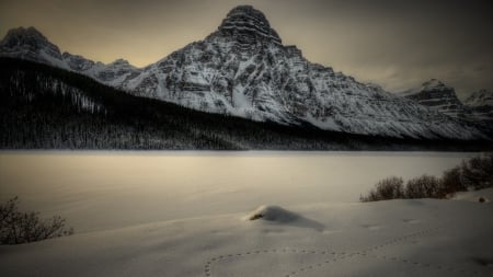 mountain lake in winter - frozen, winter, lake, footprints, forest, mountain