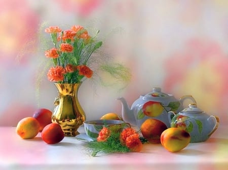 Peaches and tea - flowers, fruit, tea, peaches