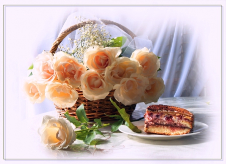 Sweets and blooms - roses, basket, dessert, peach