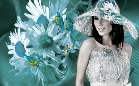 Spring - turquoise, girl, peach, fantasy, black, spring, white, butterfly, yellow, floral, flowers, birds