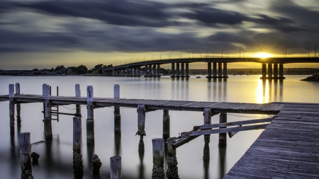 pier by a bay bridge at sunset - clouds, sunset, bridge, pier, bay