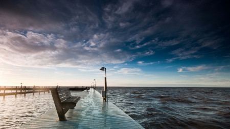 bench on a sea pier - pier, clouds, bench, lamp, sea