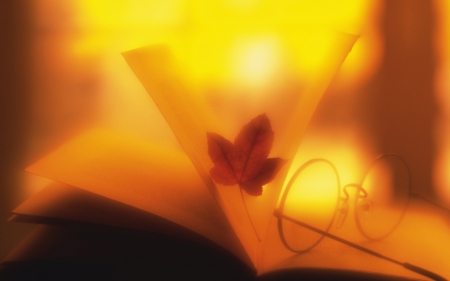 Leaf in the Book - pages, abstract, glasses, yellow, book, leaf, sun