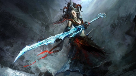 Ice Sword - fanastey, female, Ice sword, red, artwork, dress, cool, light