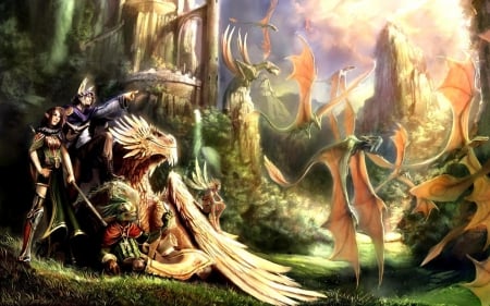 Wyverns fo Valley - fanastey, elfs, dragons, colorful, wyverns fo valley, cool, creatures, dragon, kingdom, sunny, grass