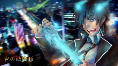 Light Sabre Katana - male, light sabre katana, blue eyes, light, unifrom, ears, sabre, artwork, city, tie, sword, shark teeth, lights