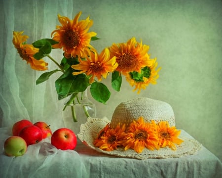 Still life - apples, hat, flowers, table, vase, fruits, still life