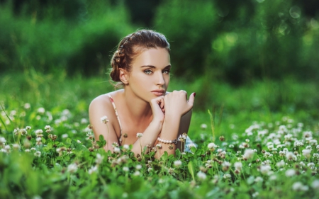 Pretty face - face, brunette, woman, grass