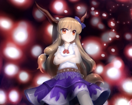 Ibuki Suika - ibuki, anime, female, light, long hair, dark, touhou, horn, abstract, anime girl, hot, suika, girl, brown hair, glow, black, ibuki suika, cute, sexy