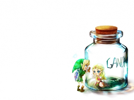 Zelda in the Jar - female, link, mini, tiny, the legend of zelda, sad, princess, rpg, video game, jar, gown, bottle, royalty, small, love, white, cute, trap, anime, tiara, kawaii, warrior, dress, guy, legend of zelda, boy, male, inside, plain, chibi, game, anime girl, princess zelda, girl, iara, zelda, simple, elf, lover, adorable, couple