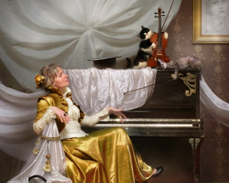 Woman and her cat - woman, piano, cat, room, violin, instrument