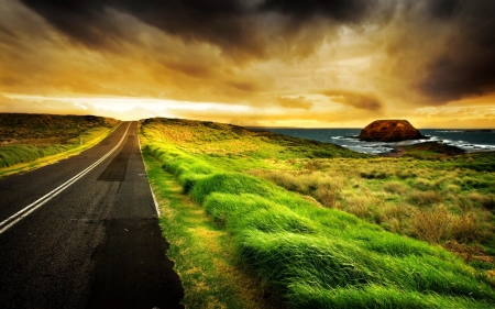 Seaside road - nice, seaside, sky, travel, sunset, path, lovely, road, nature, amazing, pretty, beautiful, grass, sunrise