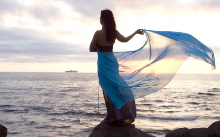 Women - sunset, blue, Women, rock, ocean