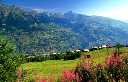 Mountain village - beauty, nice, sky, slope, valley, freshness, peaceful, countryside, greenery, cottages, view, quiet, pretty, calmness, grass, mountain, hills, summer, lovely, serenity, nature, village, beautiful, flowers